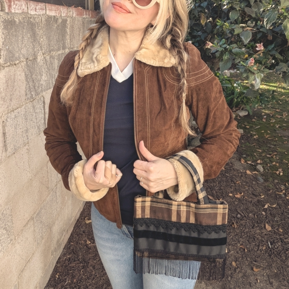 90s VTG Brown Plaid Fringe Mini Bag - Picture 3 of 11
